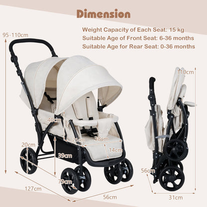 Double Pushchair with Adjustable Backrest and Sunshade-Beige