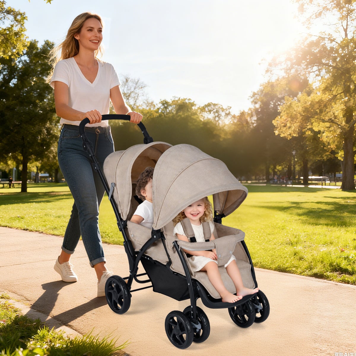 Double Pushchair with Adjustable Backrest and Sunshade-Khaki