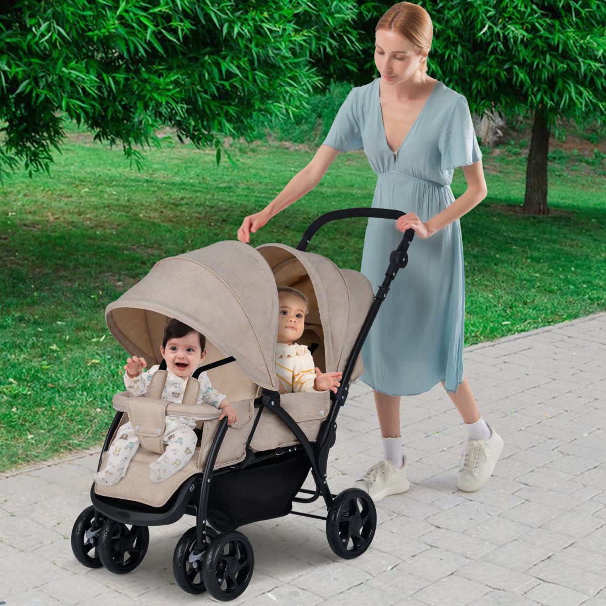 Double Pushchair with Adjustable Backrest and Sunshade-Khaki