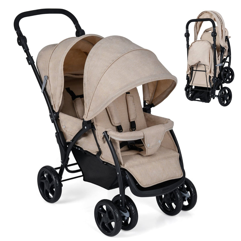 Double Pushchair with Adjustable Backrest and Sunshade-Khaki