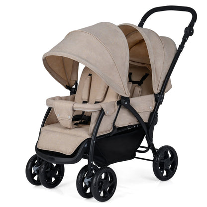 Double Pushchair with Adjustable Backrest and Sunshade-Khaki
