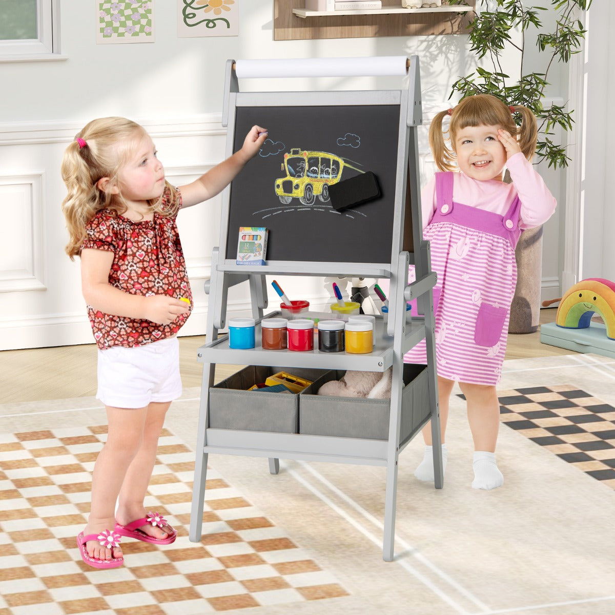 Double-sided Kids Easel with Magnetic Whiteboard and Chalkboard-Grey