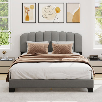 Double Size Linen Upholstered Platform Bed with Adjustable Scalloped Tufted Headboard-Double Size-Grey