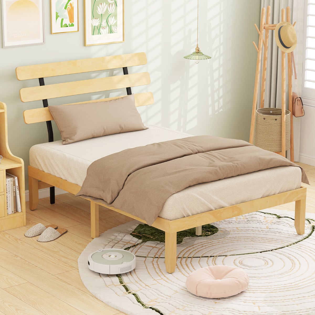 Solid Wood Platform Bed with Retro Headboard Slats Support Mattress Foundation-Natural-Double Size