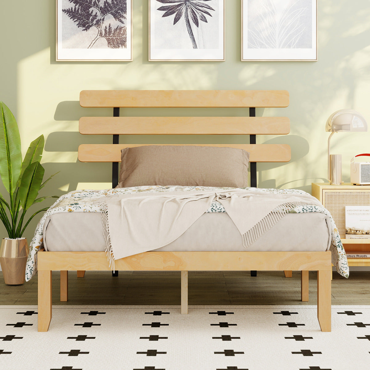 Solid Wood Platform Bed with Retro Headboard Slats Support Mattress Foundation-Natural-Double Size