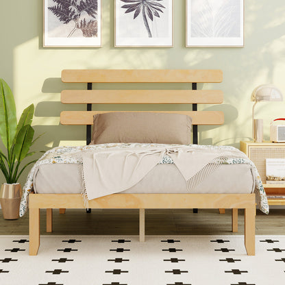 Solid Wood Platform Bed with Retro Headboard Slats Support Mattress Foundation-Natural-Double Size