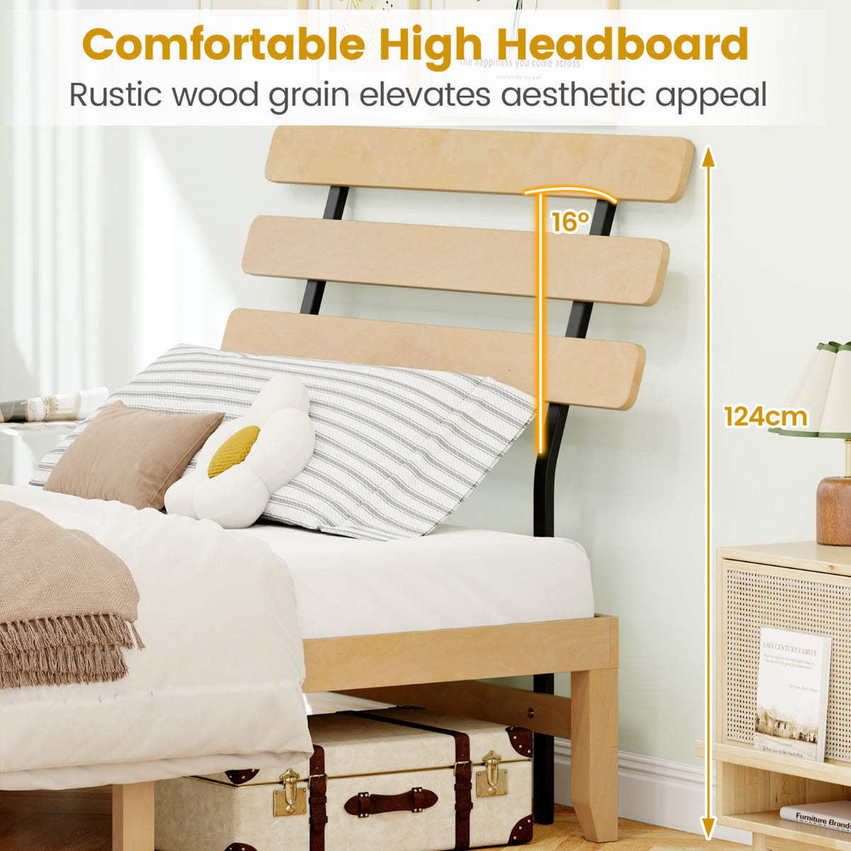 Solid Wood Platform Bed with Retro Headboard Slats Support Mattress Foundation-Natural-Double Size