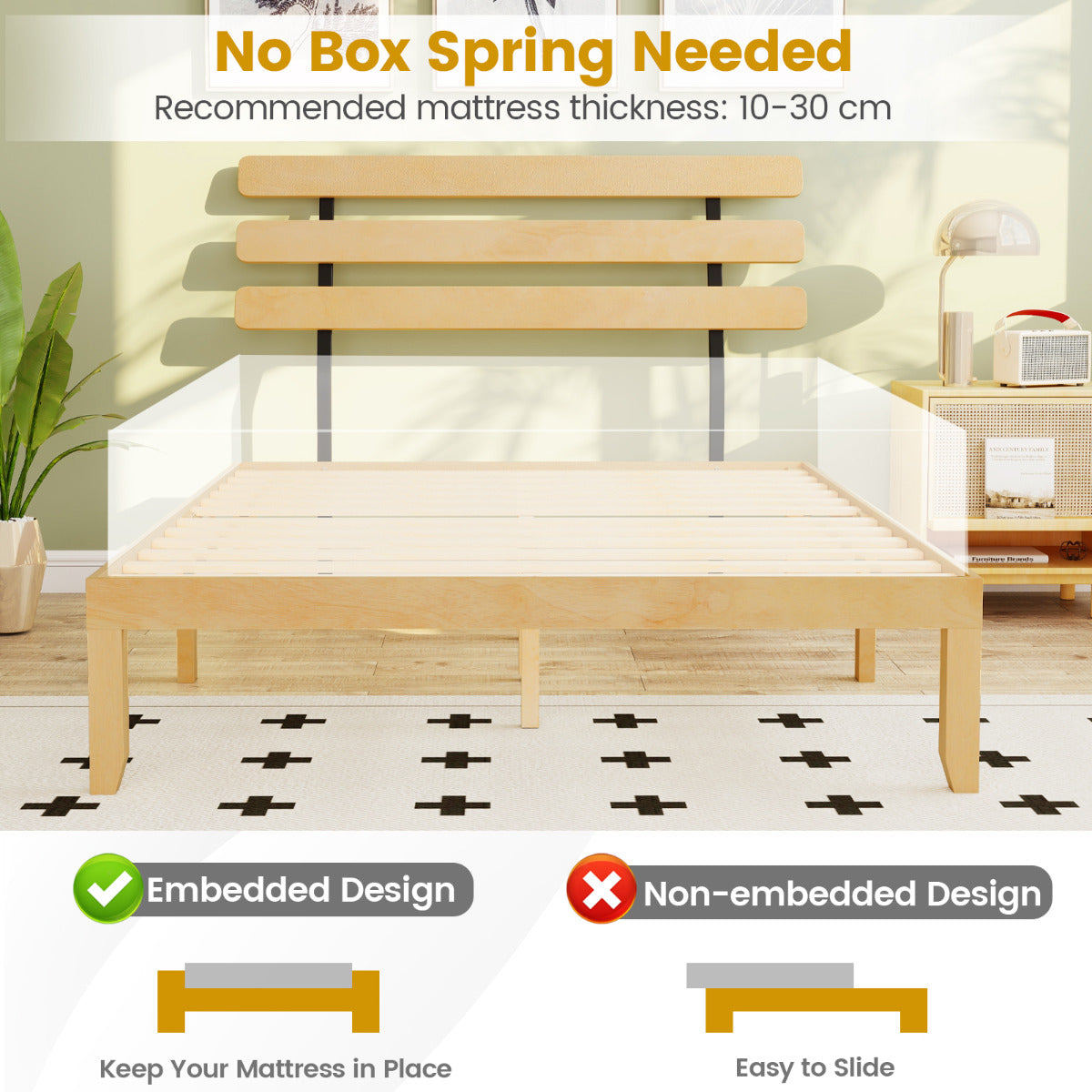 Solid Wood Platform Bed with Retro Headboard Slats Support Mattress Foundation-Natural-Double Size