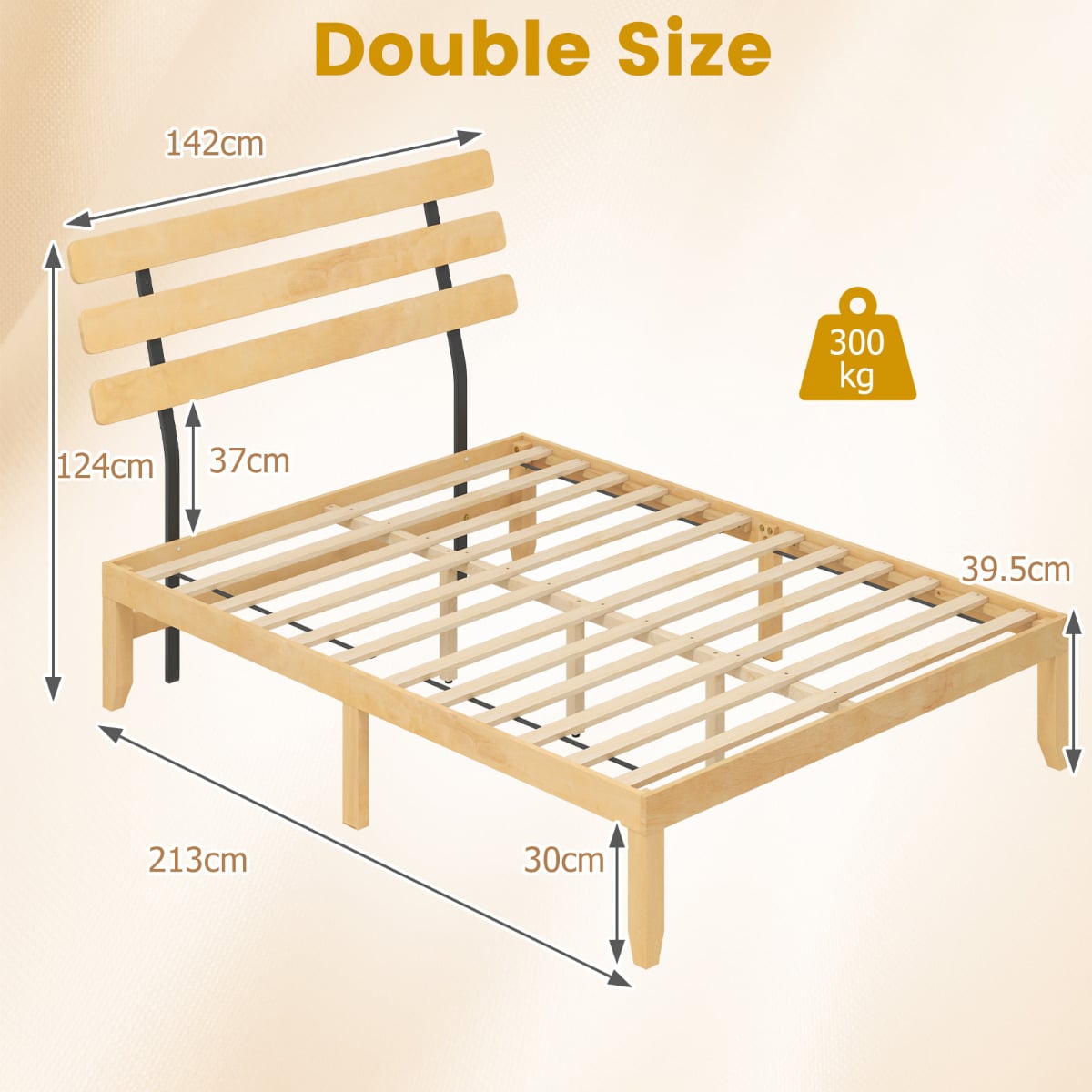 Solid Wood Platform Bed with Retro Headboard Slats Support Mattress Foundation-Natural-Double Size