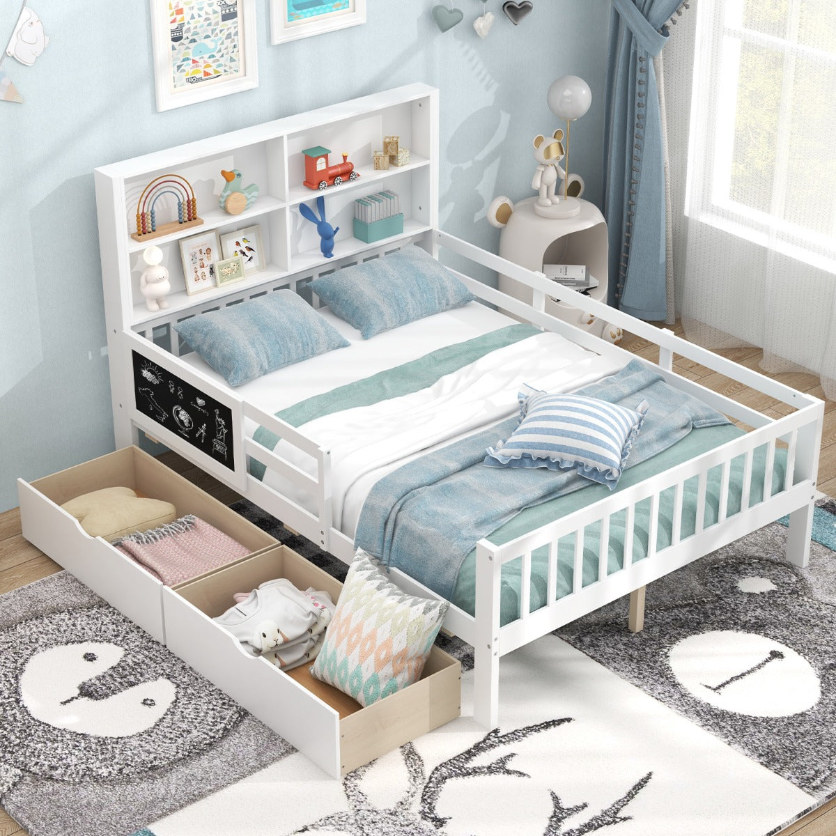 Single/Double Size Bed Frame with 2 Storage Drawers White-Double Size