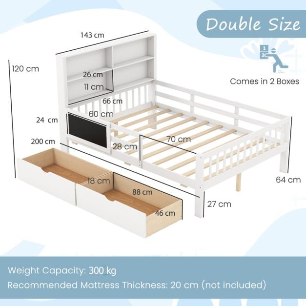 Single/Double Size Bed Frame with 2 Storage Drawers White-Double Size