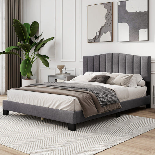 Modern Upholstered Bed Frame with Headboard and Wooden Slat Support-Double Size