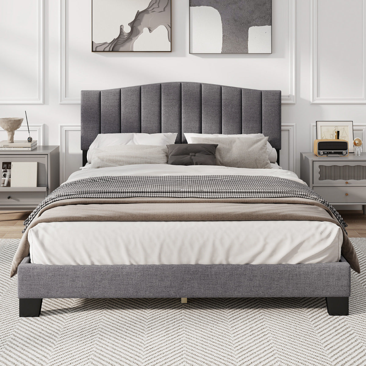 Modern Upholstered Bed Frame with Headboard and Wooden Slat Support-Double Size