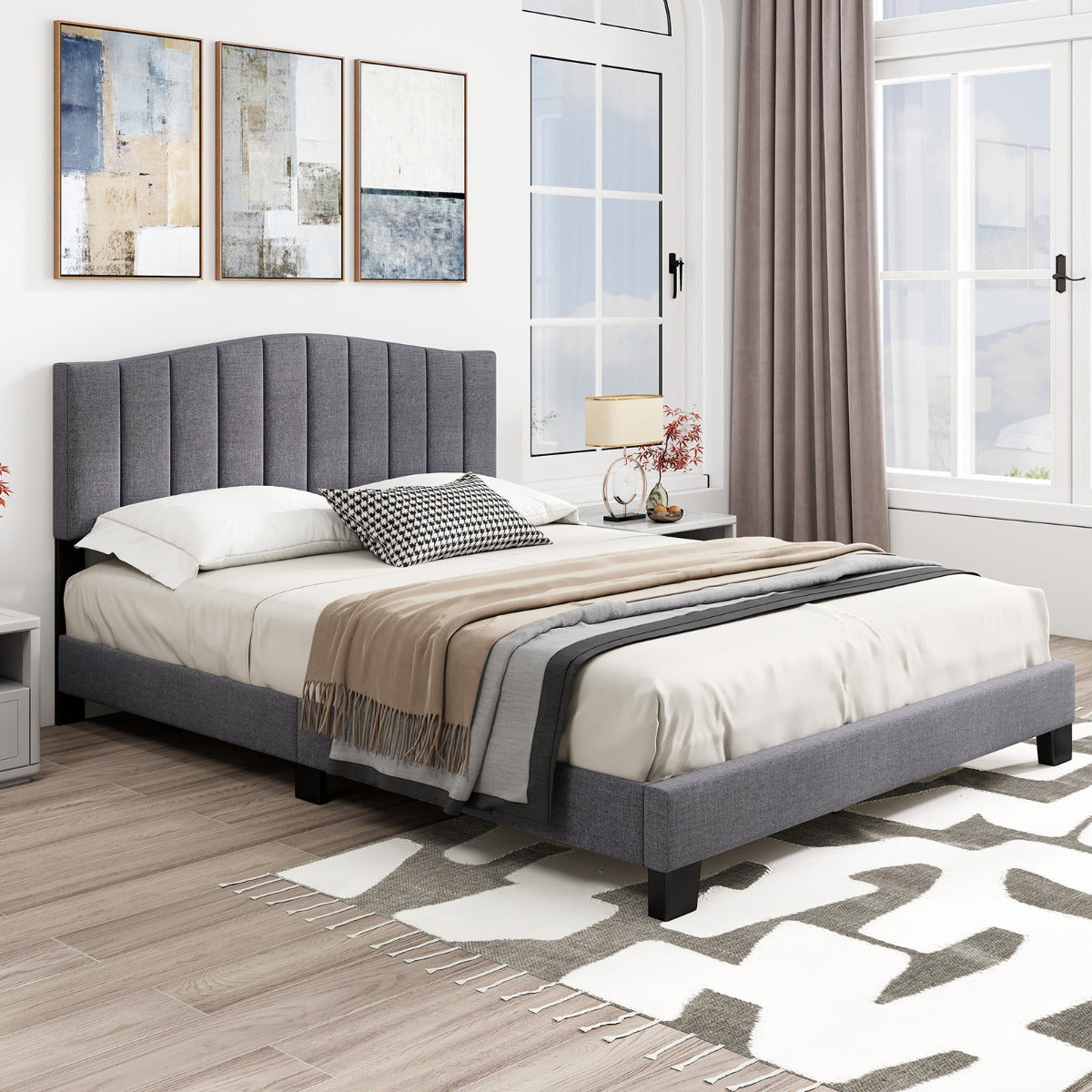 Modern Upholstered Bed Frame with Headboard and Wooden Slat Support-Double Size