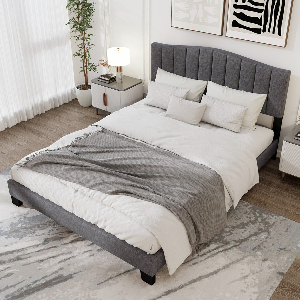 Modern Upholstered Bed Frame with Headboard and Wooden Slat Support-Double Size