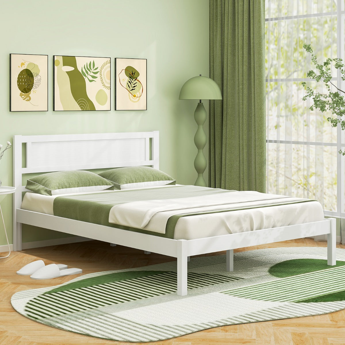 Double Size Wood Bed Frame with Headboard with Wooden Slats Support-Full Size