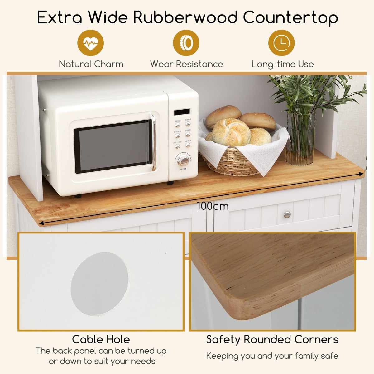 Double Tilt Out Trash Cabinet with Rubber Wood Countertop for Kitchen Dining Room-White