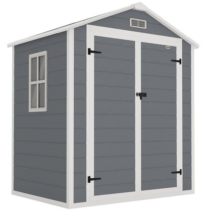 Outsunny 6'x4.5' Garden Storage Shed, Lockable Garden Shed with Double Doors, Window, Vent and Plastic Roof, Grey