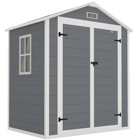 Outsunny 6'x4.5' Garden Storage Shed, Lockable Garden Shed with Double Doors, Window, Vent and Plastic Roof, Grey
