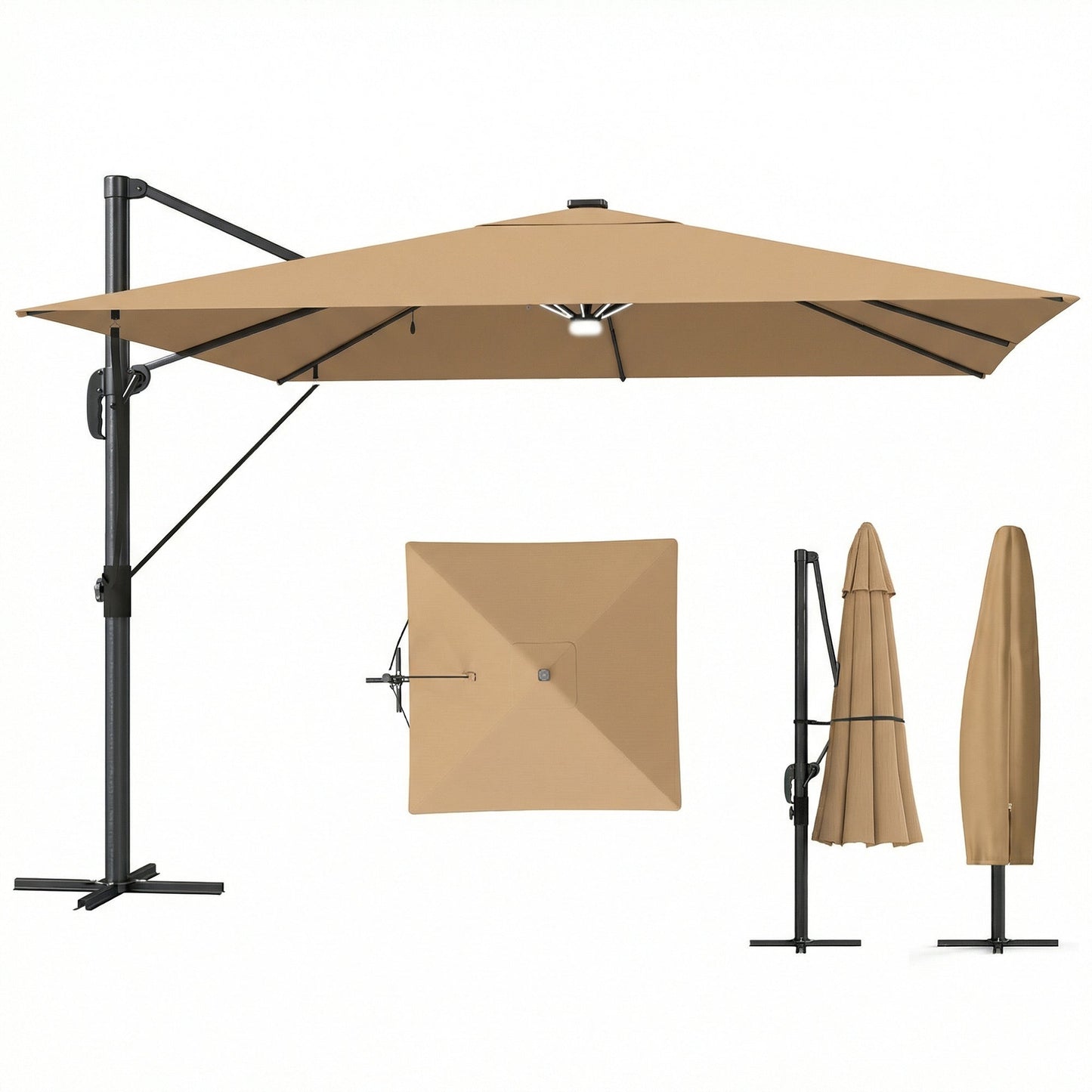Outsunny 3 x 3 m Garden Cantilever Parasol with Light, Umbrella with Wind Protection, 360Â° Rotation, Khaki