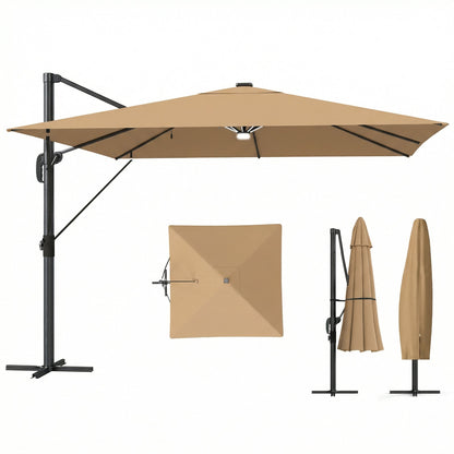 Outsunny 3 x 3 m Garden Cantilever Parasol with Light, Umbrella with Wind Protection, 360Â° Rotation, Khaki