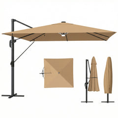 Outsunny 3 x 3 m Garden Cantilever Parasol with Light, Umbrella with Wind Protection, 360 degrees Rotation, Khaki