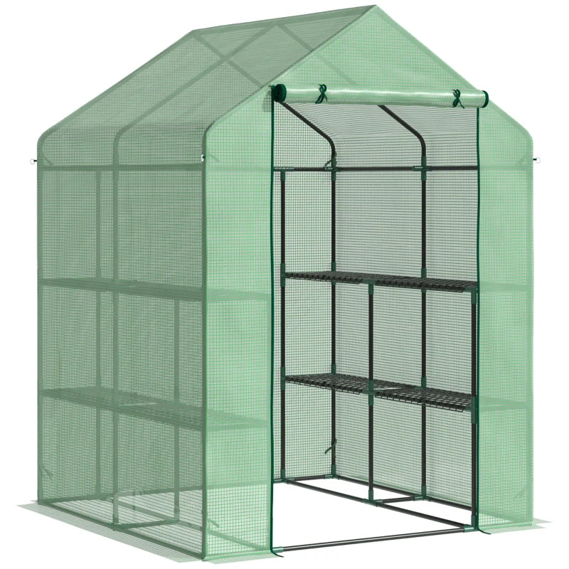 Outsunny Lean to Greenhouses with Shelves Polytunnel Steeple Green house Grow House Removable Cover 143x138x190cm, Green