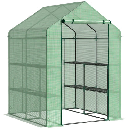 Outsunny Lean to Greenhouses with Shelves Polytunnel Steeple Green house Grow House Removable Cover 143x138x190cm, Green