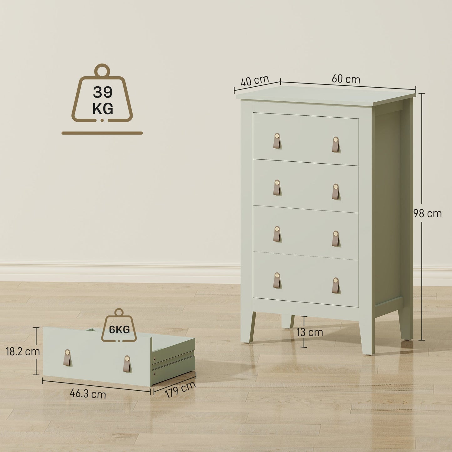 HOMCOM Bedroom Chest of Drawers, Modern 4 Drawer Dresser Cabinet with PU Leather Handles and Metal Runners for Living Room, Hallway, Entryway, Green