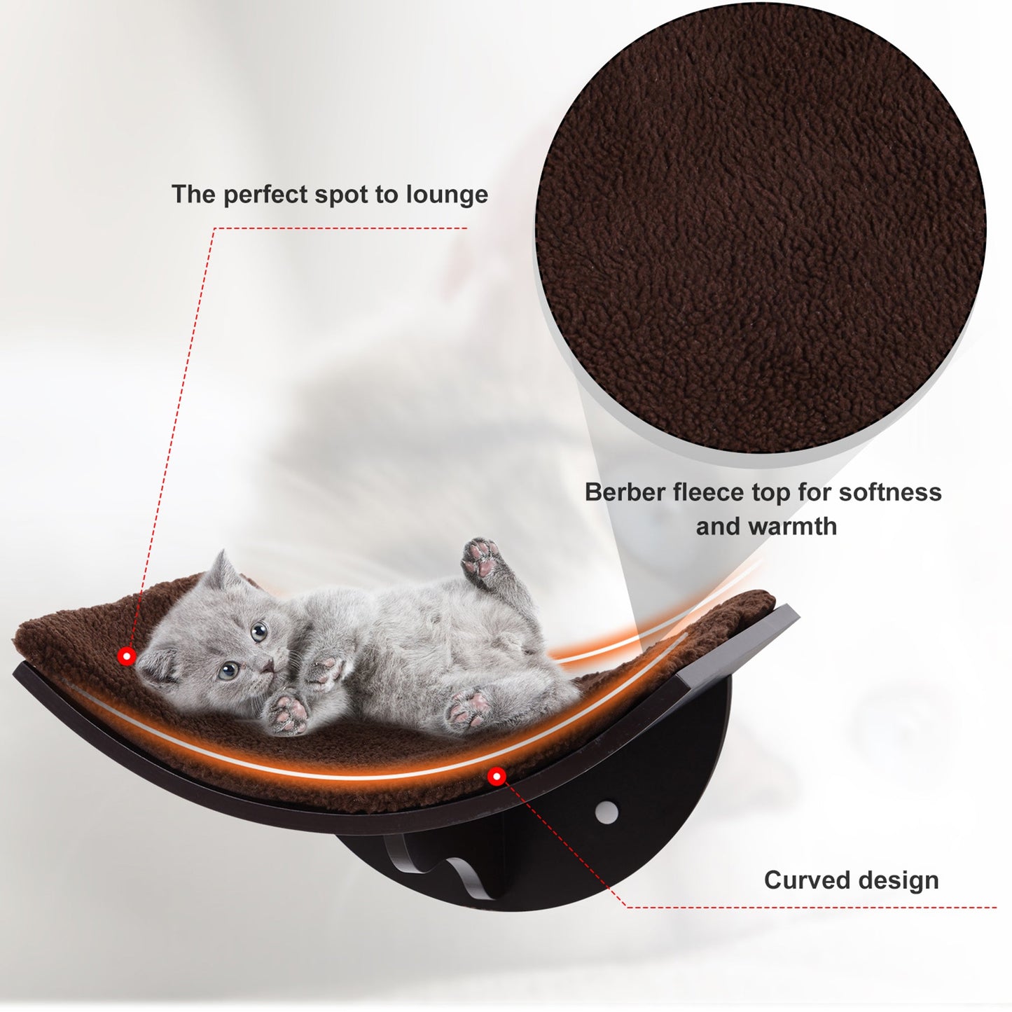 PawHut Wood Cat Shelves, Wall-Mounted Cat Shelter, Curved Kitten Bed Perch Climber Furniture 41 x 28 x 21cm Brown
