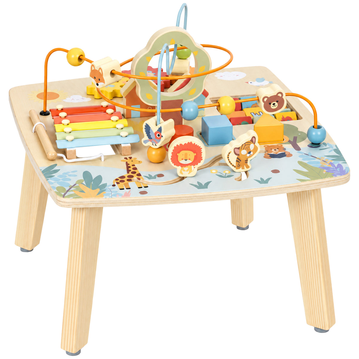 AIYAPLAY Wooden Baby Activity Table, 6 In 1 Montessori Learning Table with Bead Maze, Shape Sorter and Xylophone for 18M-3Y