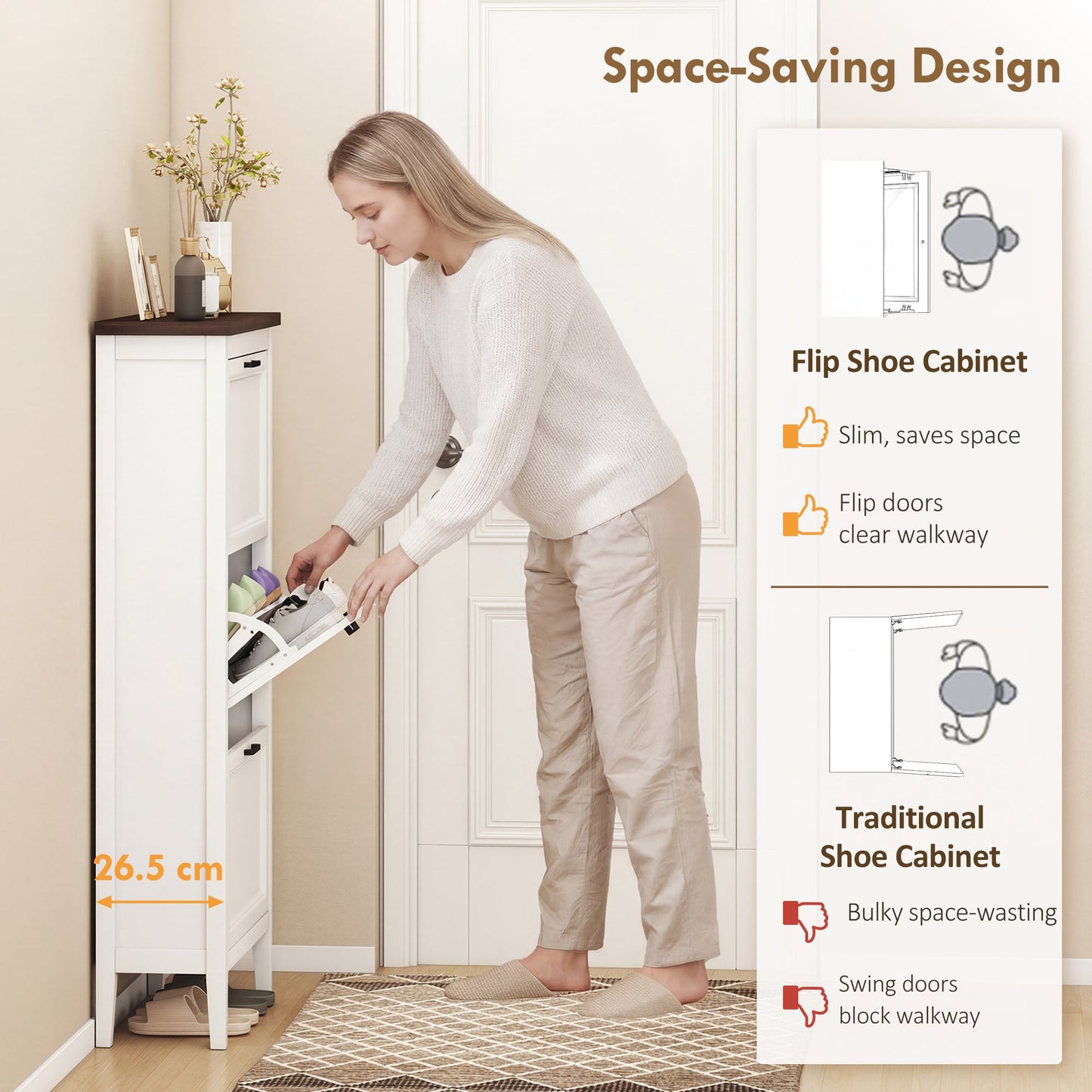 HOMCOM Shoe Cabinet with 3 Flip Drawers, Farmhouse Narrow Shoe Storage Cabinet with Adjustable Shelves, White