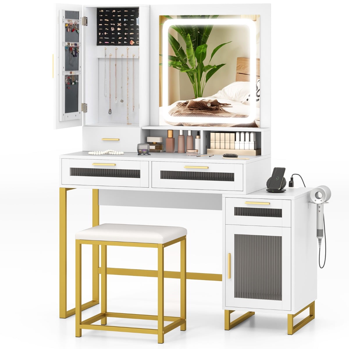 Dressing Table and Chair Set with 3 Lighting Modes and Adjustable Brightness-White