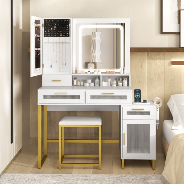 Dressing Table and Chair Set with 3 Lighting Modes and Adjustable Brightness-White