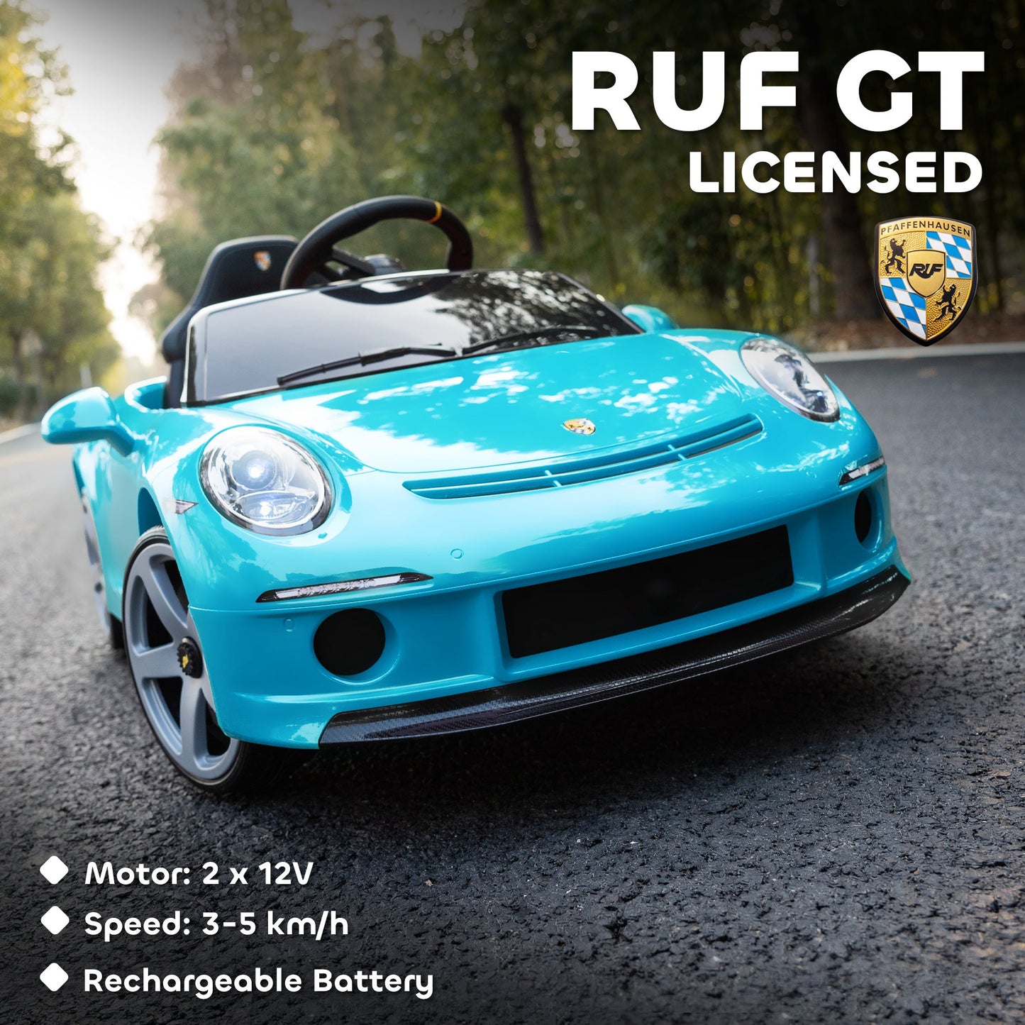 AIYAPLAY Kids Electric Car, 12V Licensed RUF GT Ride on Car with Suspension, Remote Control, Music, for 3-5 Years, Blue