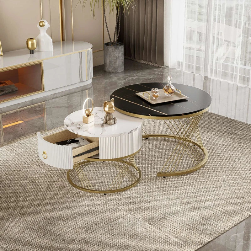 Elegant Nesting Coffee Table Set, Marble Look with Gold Decor, Side Tables for Living Room with Drawers - 70x70x45 cm + 50x50x40 cm, Black