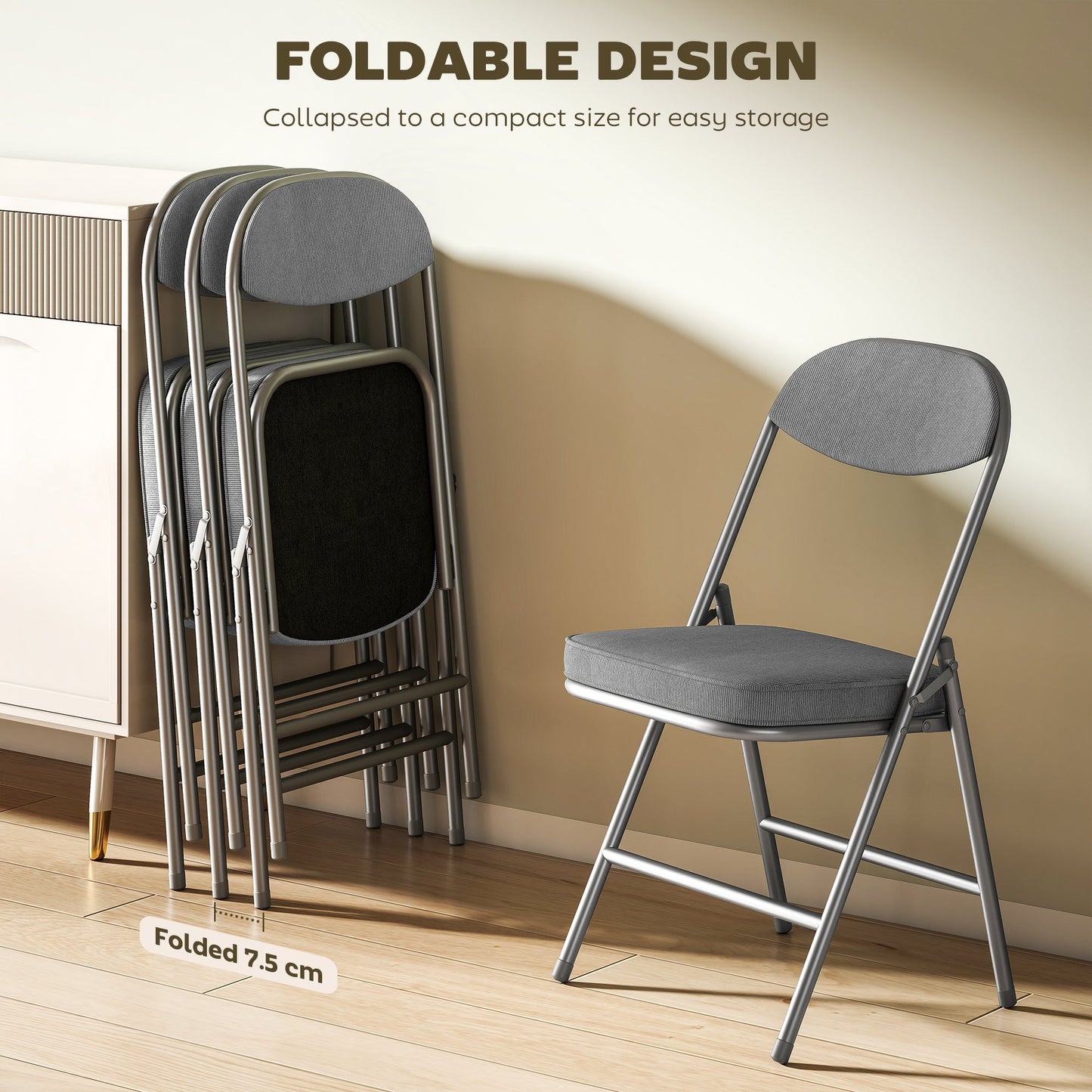 HOMCOM Set of Four Folding Corduroy Seat Chairs - Grey
