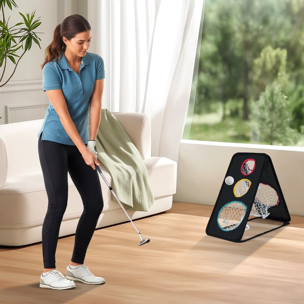Dual-Sided Golf Chipping Net with 5 Target Holes and Triangular Structure