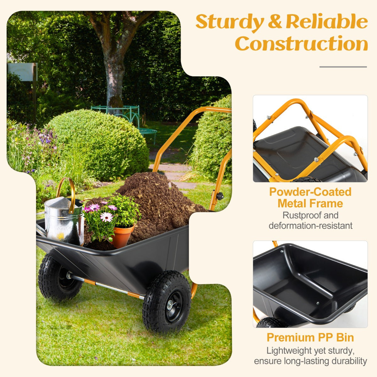 Heavy-Duty Garden Utility Cart with Pneumatic Tires-Black