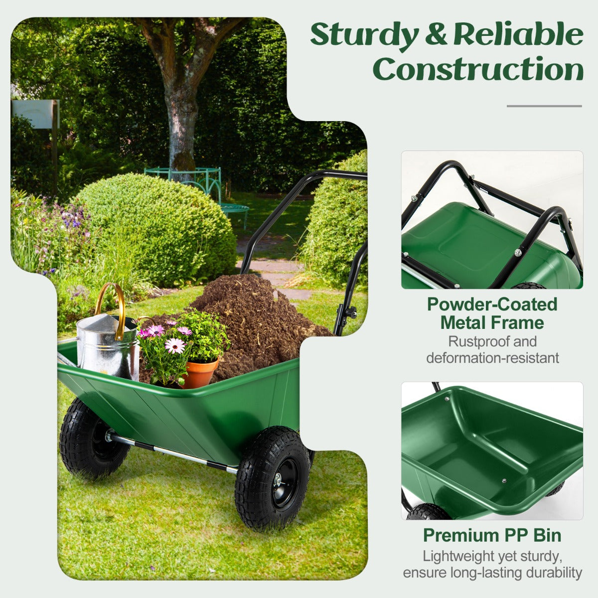 Heavy-Duty Garden Utility Cart with Pneumatic Tires-Green