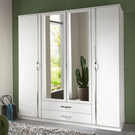 Dewi 4 Door 2 Drawer Mirrored Wardrobe - White