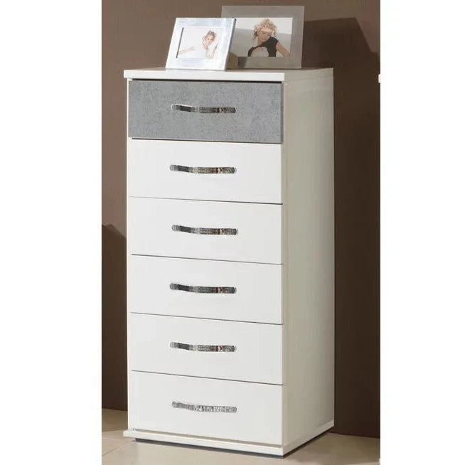Dewi 6 Drawer Tall Boy Chest of Drawers - White and Grey