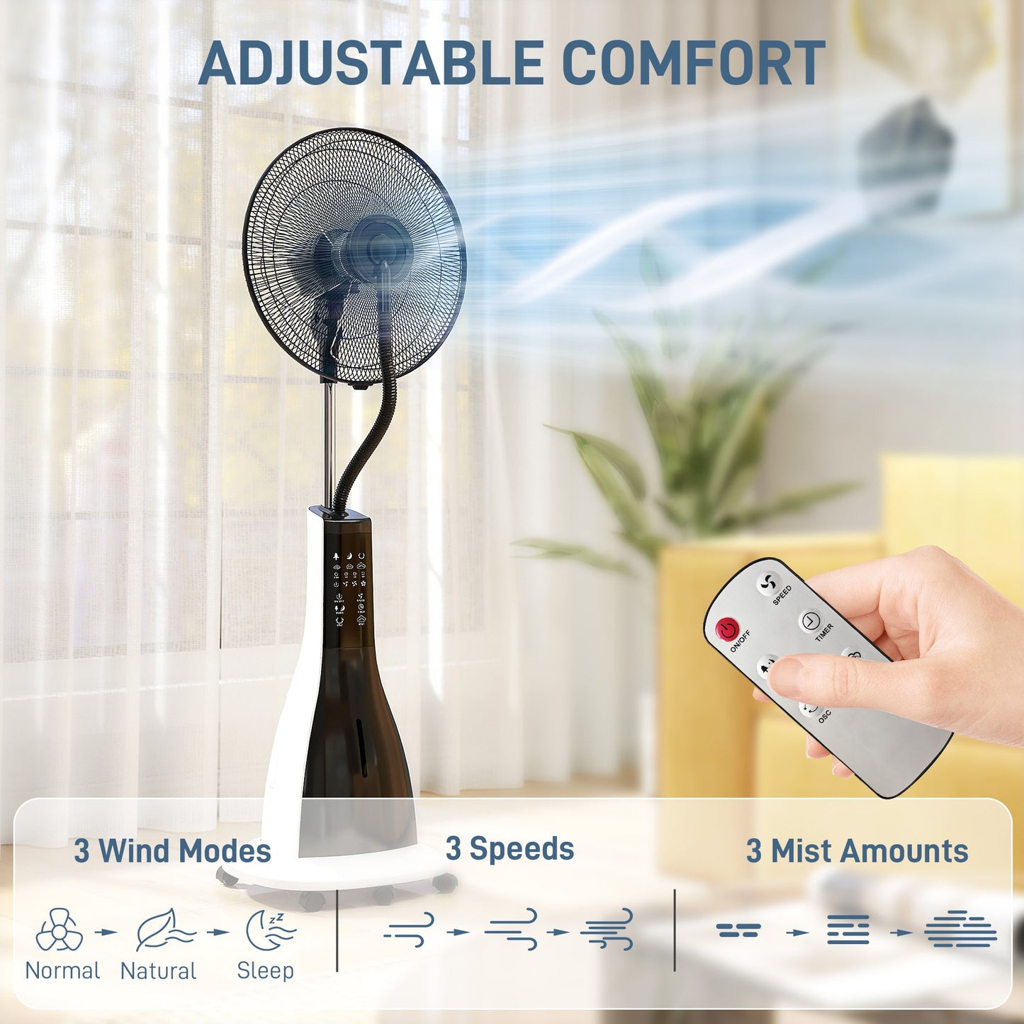 HOMCOM Pedestal Fan with Water Mist Spray, Spray Misting Fan with 75 Oscillation, Remote Control, Tilt Head, 3 Speeds, 3 Modes, 3 Mist, 3L Water Tank, Wheels, for Home, 125 cm