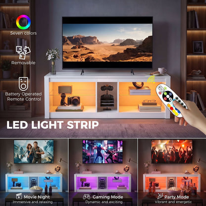 HOMCOM TV Stand Cabinet with LED Lights and Remote Control for TVs up to 65", Entertainment Centre with Storage Shelves, White