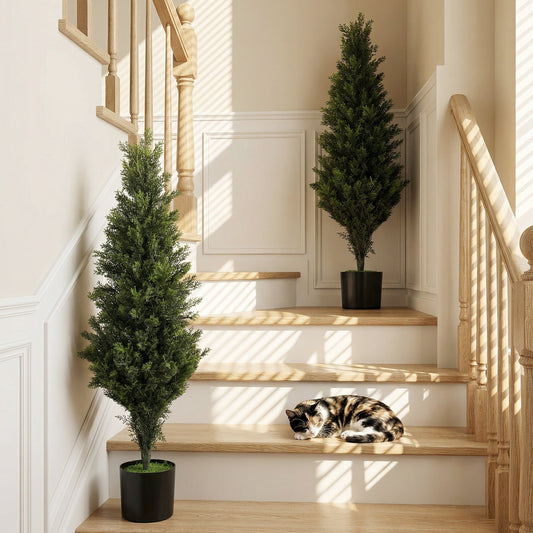 HOMCOM Set of 2 Decorative Artificial Plants Cypress in Weighted Pot, Fake Plant with 564 Leaves, 90cm