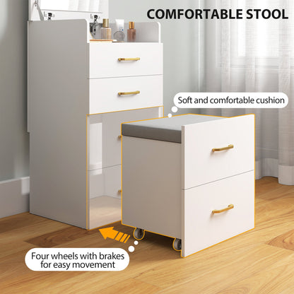 HOMCOM 3 in 1 Dressing Table with Flip-top Mirror and Rolling Stool, Modern Vanity Desk with Visible Glass Tabletop, Drawers and Side Hook, Makeup Table with Cushioned Storage Stool for Bedroom, White