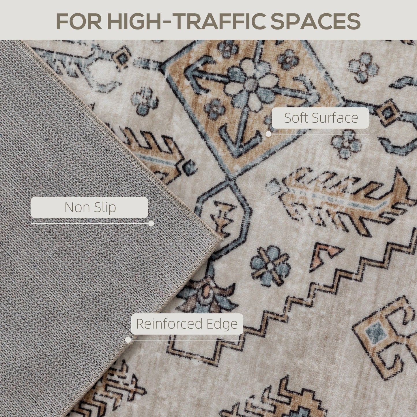 HOMCOM Vintage Area Rug, Non-Slip Washable Rug, Flannel Floor Carpet for Living Room, Bedroom, Dining Room, Home Office, 230 x 160 cm, Beige