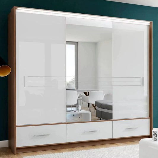 Wiltshire 250cm Large Sliding Door Wardrobe with Mirror Walnut with 3 Drawers - White Gloss and Black Gloss