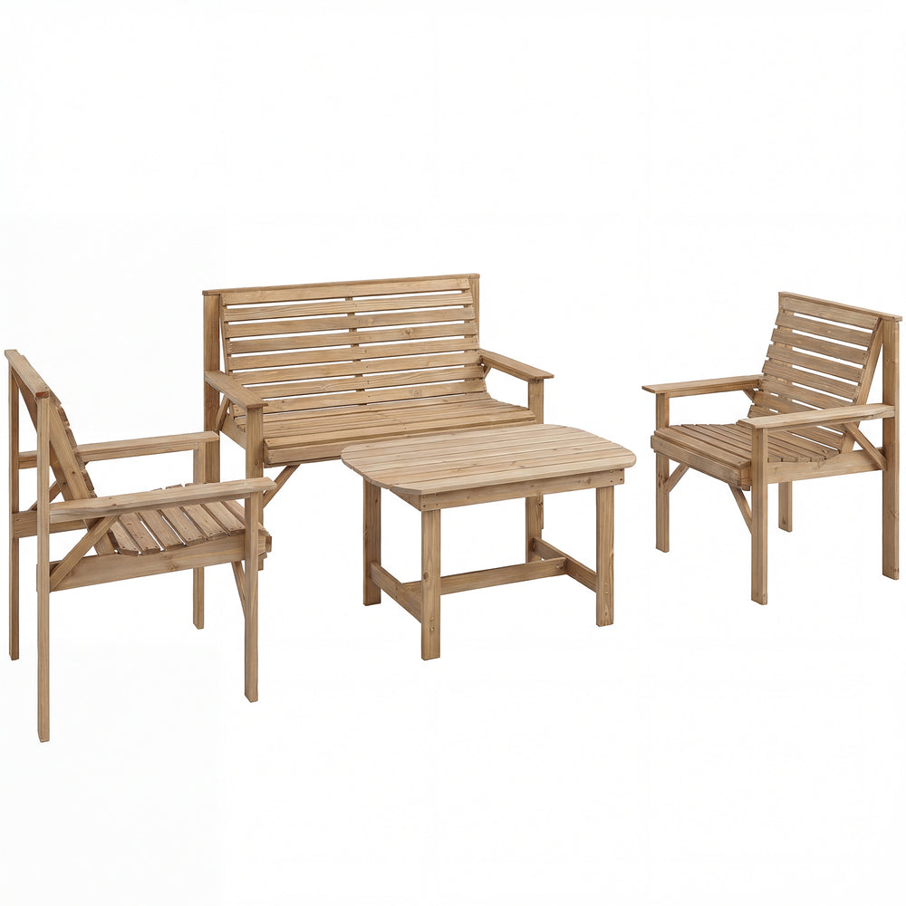 Outsunny 4 Piece Wooden Garden Furniture Set, Outdoor Garden Sofa Set with 2 Armchairs, Loveseat and Coffee Table, Natural Wood