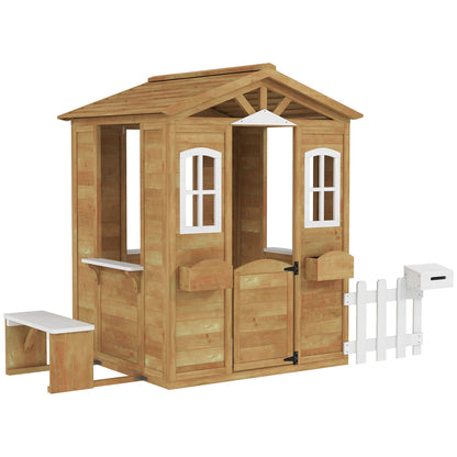 Outsunny Wooden Playhouse for Kids with Door, Windows, Mailbox, Flower Pot Holder, Serving Station, Bench for Children, Yellow